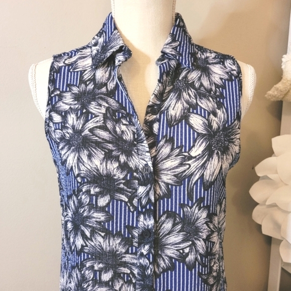 Button down sleeveless floral collared long length tunic blouse / dress - Picture 2 of 8